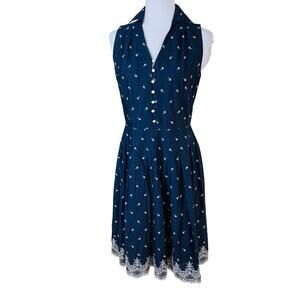 Retro Scofield Size 6 Embroidered Shirt Dress Navy Blue Sleeveless Rockabilly